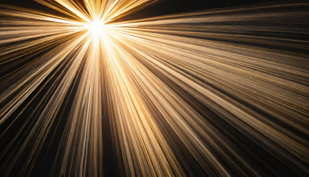 An artistic depiction of radiant glowing sun rays against a pure black background, creating a stunning visual contrast. Ideal for designs emphasizing energy, light, warmth, or cosmic andの素材