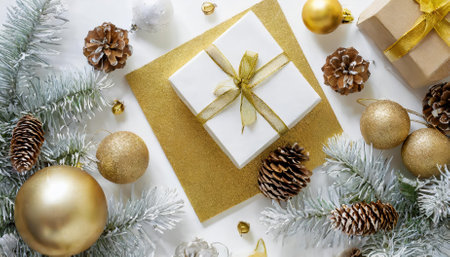 Stylish gold and white Christmas flat lay mockup background designed for product photography, showcasing festive gift boxes, pine accents, and seasonal elements, ideal for branding, socialの素材