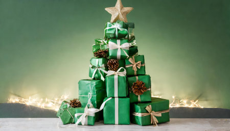 A festive display of green Christmas presents and gifts meticulously stacked to form the shape of a Christmas tree. The composition highlights holiday decorations with ribbons, bows, andの素材