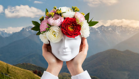 A captivating image featuring hands cradling a paper head with a vibrant brain made of flowers, emphasizing the importance of self-care, mental health awareness, mindfulness, and emotionalの素材