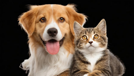 Mixed breed dog and cat together isolated on a black background.の素材