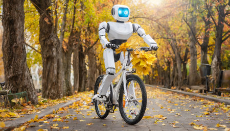 A cheerful humanoid robot rides a bicycle through an autumn alley, surrounded by vivid foliage. The scene portrays a harmonious fusion of robotics and the serene beauty of nature, capturing aの素材