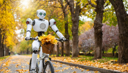 A cheerful humanoid robot pedals gracefully along a picturesque autumn alley, surrounded by vibrant fall foliage, as it exudes a sense of curiosity and connection, embodying advanced AIの素材