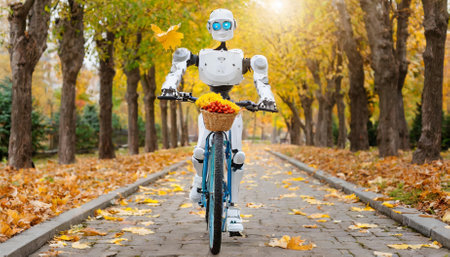 This captivating image features a humanoid robot happily bicycling along an enchanting autumn pathway. Golden leaves frame the scene as technology merges with human emotion and nature.の素材