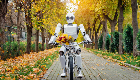 A cheerful humanoid robot cycles along a scenic autumn alley, surrounded by falling leaves and golden hues. The scene captures the essence of robotics experiencing human-like joy in a vivid,の素材
