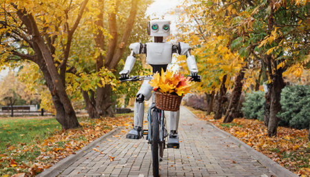 A humanoid robot rides a bicycle through a serene autumn alley, leaves crunching under its wheels, as it seemingly experiences the joy of the season. A blend of AI innovation and emotional depth.の素材