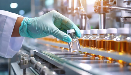 A gloved hand meticulously inspects medical vials on a high-tech production line in a pharmaceutical factory, highlighting stringent quality control measures and precision in medicationの素材