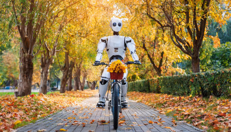 A humanoid robot enjoys a bicycle ride along an autumn alley, experiencing joy amidst a vibrant backdrop of golden leaves. A fusion of advanced robotics and emotive exploration in a picturesque styleの素材