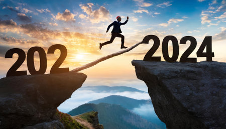 Celebrate New Year with this striking image of a silhouette man jumping from a cliff to a cliff, evoking themes of hope, ambition, and transformation set against a breathtaking sky.の素材