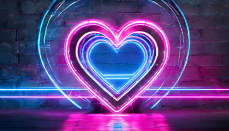 A captivating heart-shaped neon futuristic sign frame in radiant pink and blue colors. The glowing design exudes a modern and dynamic feel, ideal for enhancing digital media, artistic visuals,の素材