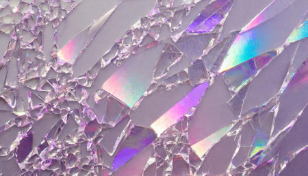 An artistic holographic background showcasing detailed glass shard textures with dynamic rainbow reflexes in vivid pink and purple shades, offering an abstract, modern, and visually strikingの素材