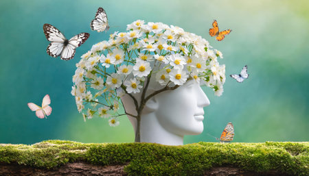 This imaginative artwork showcases the human mind as a tree blooming with vivid flowers and lively butterflies, portraying creative growth, positive energy, and the transformative essence ofの素材