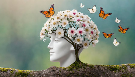 A captivating image portraying a human mind as a tree with flowers and butterflies, evoking themes of positive thinking, creativity, and growth, blending natural beauty with imaginativeの素材