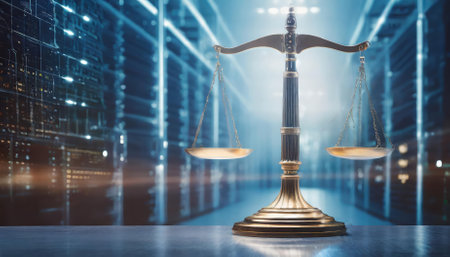 A visual depiction of law scales overlaid on a data center background, symbolizing the intersection of justice, technology, and digital law. It illustrates the balance between ethics andの素材