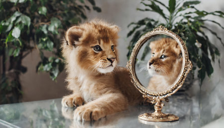 A curious kitten sits on a table, staring into a round mirror. The reflection shows a powerful male lion close-up, creating a striking visual metaphor of self-discovery, courage, and hiddenの素材