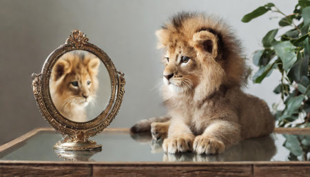 A captivating close-up image of a kitten staring into a round mirror on a table, revealing the reflection of a powerful male lion, symbolizing growth, potential, and the transformative nature ofの素材