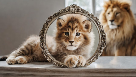 A heartwarming scene of a small kitten intently gazing into a round mirror on a table, reflecting a close-up image of a majestic male lion, evoking themes of inner strength, potential, andの素材