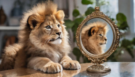 Close-up image of a small kitten gazing at a round mirror placed on a table, where the reflection shows a majestic male lion, creating a striking visual of transformation, self-belief, andの素材