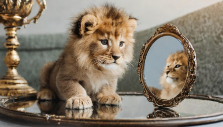 A close-up image of a kitten gazing into a round mirror placed on a table, revealing the reflection of a powerful male lion, emphasizing themes of self-discovery, courage, and the power ofの素材