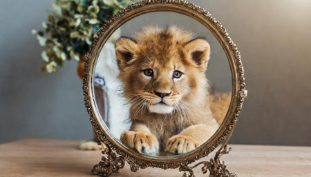 A heartwarming scene featuring a small kitten gazing into a round mirror on a table. Inside the mirror, the reflection reveals a majestic male lion, creating a captivating juxtaposition ofの素材
