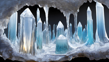 Experience the surreal beauty of liquid crystal caverns, depicted in a futuristic D design. This captivating artwork features a transparent background, perfect for modern projects and creativityの素材