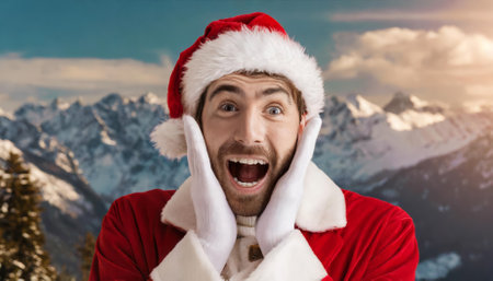 A cheerful man dressed as Santa Claus joyfully expresses festive surprise with his hands on his face, embodying the joyful spirit of Christmas. Perfect for seasonal celebrations and holidaysの素材