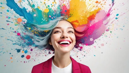 This colorful abstract illustration portrays mental health through a creative lens, featuring a joyful female head symbolizing emotional resilience, happiness, and the beauty of balancedの素材