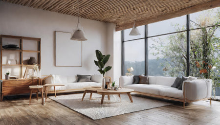 A stunning D render of a minimalist modern living room in Scandinavian style, showcasing neutral tones, cozy furniture, natural materials, and elegant simplicity, creating a tranquil andの素材