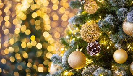 This image captures the festive joy of Christmas and New Year with bright, sparkling decorations, colorful ornaments, and a cheerful holiday background that embodies warmth, celebration, andの素材