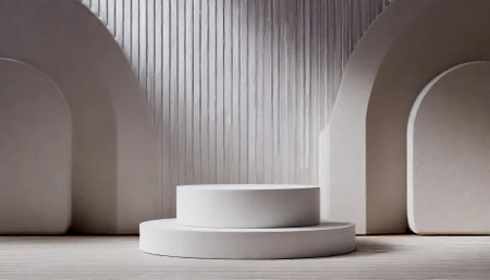 A sleek, minimalistic D-rendered design highlighting a podium set against a pristine white background. Ideal for showcasing products, enhancing branding, and creating professional, clean visualの素材
