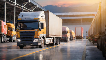 This image captures logistic center activities with cargo trucks, semi-trucks, and lorries in motion, emphasizing transportation, freight shipping, and delivery solutions critical for roadの素材