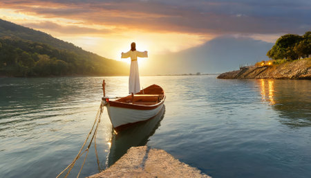 A majestic depiction of Jesus Christ walking towards a boat during the serene evening, illuminated by soft, golden light that reflects peace, spirituality, and the essence of divine connectionの素材