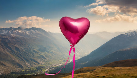 A stunning red heart-shaped balloon floating gracefully against a clear blue sky. This image evokes feelings of love, joy, and celebration, making it ideal for romantic or festive designs.の素材