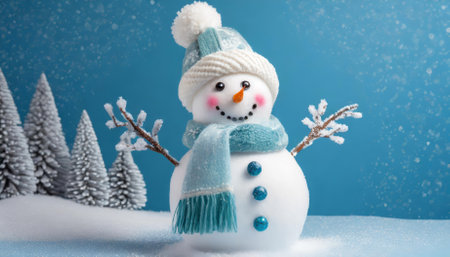 A jolly snowman adorned with a bright scarf and cheerful expression, set against a calming blue backdrop. Perfect for spreading festive vibes, this charming design captures the essence of winterの素材