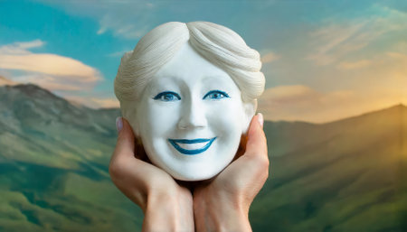 A vibrant illustration depicting hands holding a happy smiling face, symbolizing the importance of mental health, self-care, positivity, emotional resilience, and nurturing a balanced, joyfulの素材