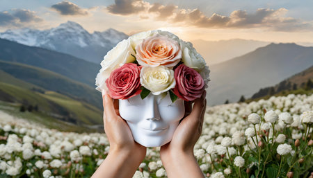 An artistic depiction of hands holding a paper-cut brain adorned with blooming flowers, representing the themes of mental health, self-care, personal growth, and mindfulness in a visuallyの素材