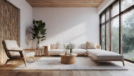 A stunning minimalist modern living room rendered in D, showcasing Scandinavian style with warm wood accents, neutral tones, airy design, elegant furniture, and a tranquil atmosphere forの素材