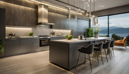 A state-of-the-art modern kitchen boasting contemporary design elements, LED-enhanced lighting, minimalist finishes, and integrated smart appliances, blending style with high functionality andの素材