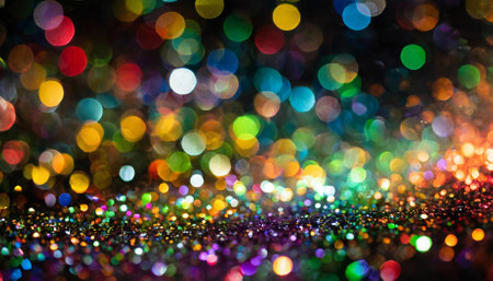 A captivating multicolor bokeh image showcasing dreamy, blurred lights in a vibrant palette. The soft, raining effect combines with rainbow confetti, creating an abstract, magical visualの素材