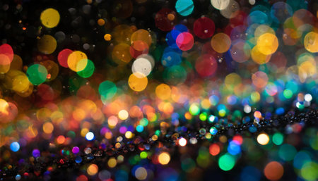 A mesmerizing multicolor bokeh effect with radiant light trails and a blurry rainbow-hued background filled with confetti-like details, evoking a festive, magical, and dreamlike atmosphere forの素材