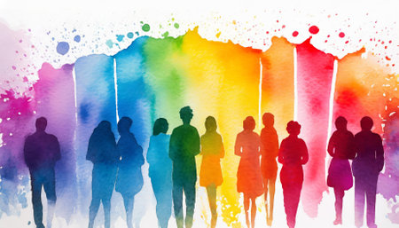 This artwork features dynamic, multicolored spectrum silhouettes of people, creatively depicted in a fluid watercolor style on a clean white background, symbolizing diversity, inclusion, andの素材