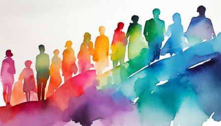 This image features multicolored spectrum silhouettes of people depicted with artistic flair in watercolor style on a pristine white background, symbolizing inclusivity, diversity, and unityの素材
