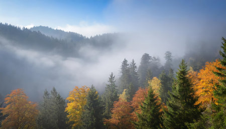 Immerse yourself in the mystical charm of the Black Forest, Germany, where autumns vibrant hues meet the rising fog. This breathtaking scene blends serenity, rich colors, and natures allure inの素材