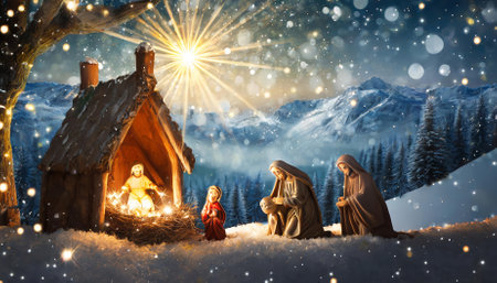 Beautiful nativity scene Christmas background showcasing a serene depiction of the Holy Family under a starry night sky, surrounded by meaningful holiday symbols, ideal for Christmas designs orの素材