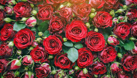 Discover the enchanting beauty of natural fresh red roses in this captivating wallpaper. A stunning pattern of vibrant blooms, perfect for romantic wall decor or nature-inspired design themes.の素材