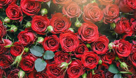 Exquisite top-view wallpaper of fresh red roses in a seamless floral pattern. A vibrant, lush red rose wall creates a perfect romantic backdrop, ideal for enhancing any decor or design project.の素材