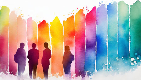 This artwork features multicolored silhouettes of people in a vibrant spectrum, painted in a refined watercolor style. Set against a white backdrop, it symbolizes diversity, individuality, andの素材