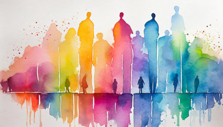 This artwork features multicolored spectrum silhouettes of people, artistically created in a watercolor style on a pristine white background. The piece emphasizes diversity, creativity, andの素材