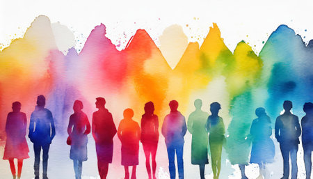 This artwork features multicolored spectrum silhouettes of people, painted in a vibrant watercolor style, set against a clean white background. The imagery symbolizes diversity, connection, andの素材