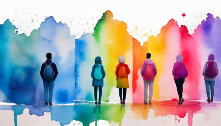 A mesmerizing watercolor artwork depicting multicolored spectrum silhouettes of people on a crisp white background. This vibrant composition celebrates diversity, creativity, and unity throughの素材